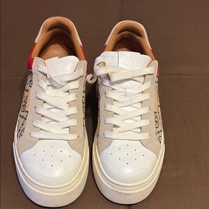 Tory Burch White and Tan Leather Sneakers